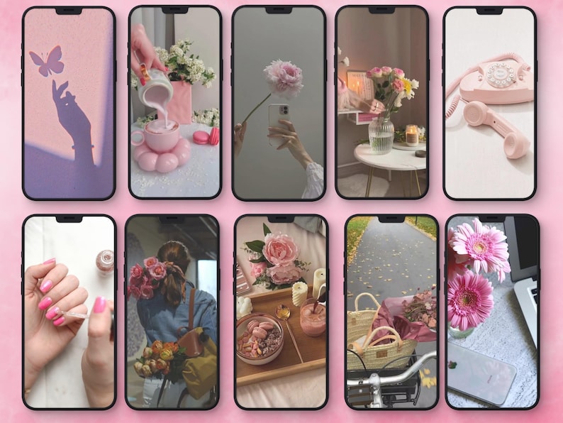 May include: A collection of ten smartphone screens displaying various aesthetic images including a butterfly shadow, pink floral arrangements, a vintage pink telephone, manicured pink nails, a bicycle with a basket of flowers, and a wooden tray with food.