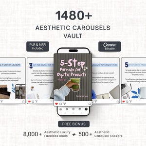 May include: A digital product display featuring 1480+ aesthetic carousels, a central smartphone screen showing a 5-step formula for digital products, and text overlays including PLR & MRR Included, Canva Editable, and Free Bonus with 8000+ reels.
