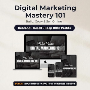 May include: Digital marketing educational materials featuring a desktop computer, laptop, tablet, and two smartphones displaying the text Mini Course DIGITAL MARKETING 101. The header reads Digital Marketing Mastery 101, Build, Grow & Sell Online.