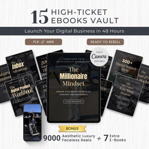 Puede incluir: Una colección de 15 libros digitales titulados The Millionaire Mindset, The Inbox Advantage y The Digital Product Workbook, con texto en dorado y blanco sobre portadas negras. Incluye un teléfono inteligente y un bono de 9000 reels.