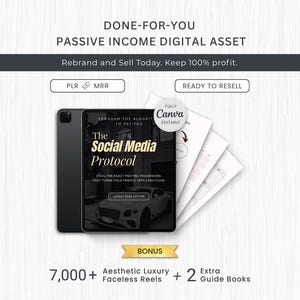 Pode incluir: Um pacote de ativos digitais intitulado The Social Media Protocol com exibição em tablet, páginas imprimíveis e uma oferta de bônus para mais de 7.000 reels estéticos de luxo sem rosto e 2 guias extras. O texto inclui PLR, MRR e Ready to Resell.