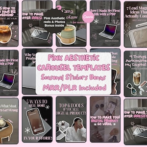 Peut inclure: Ensemble de modèles de marketing numérique roses et gris avec le texte "Pink Aesthetic Carousel Templates" et des conseils commerciaux. Comprend des autocollants saisonniers et un bonus MRR/PLR.