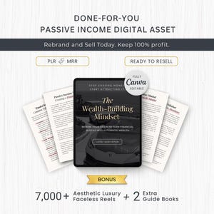 Op de afbeelding: Een digitaal productpakket met een centrale tablet die de cover van The Wealth-Building Mindset toont, omringd door vier witte documentpagina's. Tekst bevat Done-For-You Passive Income Digital Asset, PLR & MRR, Ready To Resell, Fully Canva Editable, Bonus en 7,000+ Aesthetic Luxury Faceless Reels + 2 Extra Guide Books.