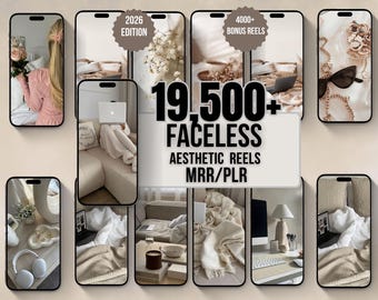 Pode incluir: Anúncio de produto digital Aesthetic Reels. A imagem mostra várias telas de smartphones exibindo cenas de design de interiores e estilo de vida. O texto na imagem diz "19.500+ FACELSS AESTHETIC REELS MRR/PLR" com texto adicional "2026 EDITION" e "4000+ BONUS REELS".