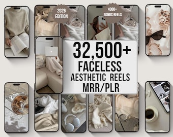Puede incluir: Una colección digital de más de 32,500 reels estéticos sin rostro, edición 2026, que incluye más de 4000 reels adicionales con MRR/PLR. La pantalla muestra varios teléfonos con imágenes de estilo de vida en tonos neutros, café, mantas, auriculares y joyas.