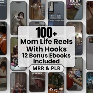 May include: A collection of smartphone screens displaying various images and text, including the words "Mom Life Reels" and "12 Bonus Ebooks Included." The screens are arranged around a central text box with the same information. The overall theme is related to online content.