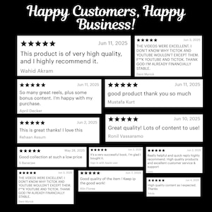 Collection of 5-star customer reviews showcasing positive feedback. Reviews include praise for high-quality products, helpful customer service, great bonus content, good pricing, and overall satisfaction. Text includes customer names like Wahid Akram, April Decker, Mustafa Kurt, Ronil Vassaramo, and others. The graphic has the header “Happy Customers, Happy Business!” with a black background and white text, visually displaying multiple review boxes with dates in 2025.