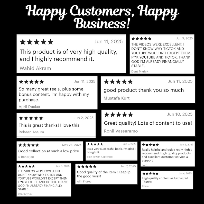 Collection of 5-star customer reviews showcasing positive feedback. Reviews include praise for high-quality products, helpful customer service, great bonus content, good pricing, and overall satisfaction. Text includes customer names like Wahid Akram, April Decker, Mustafa Kurt, Ronil Vassaramo, and others. The graphic has the header “Happy Customers, Happy Business!” with a black background and white text, visually displaying multiple review boxes with dates in 2025.