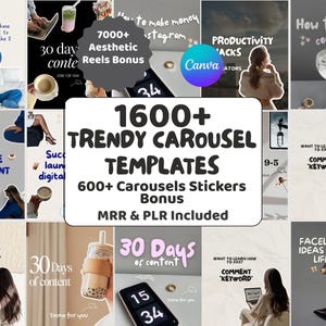 May include: A collage of images with text overlays promoting social media content creation. The central image advertises 1600+ trendy carousel templates and 600+ carousel stickers. Other images include text like "30 day content" and "How to stay consistent."