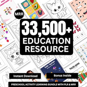 Puede incluir: Una colección de recursos educativos imprimibles para niños, que incluyen páginas para colorear, rompecabezas y hojas de actividades. La imagen presenta varios temas, como frutas, animales y el sistema solar. El texto en la imagen dice "33.500+ EDUCATION RESOURCE" y "Instant Download".