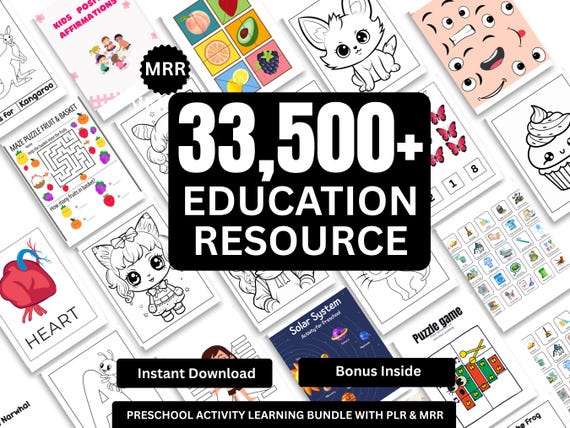 33,500+ Educational Kids Resources Bundle, Kids Learning Bundle, DFY Digital Product Bundle, PLR Master Resell Rights, Classroom Activities