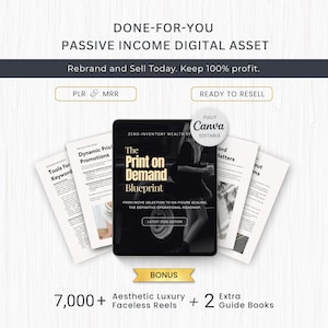 Op de afbeelding: Een digitaal productpakket getiteld The Print on Demand Blueprint, met meerdere documentpagina's, een centrale omslag met een zwart-witfoto en tekstlabels zoals PLR, MRR, Ready to Resell, en een bonus van 7.000+ esthetische luxe faceless reels.
