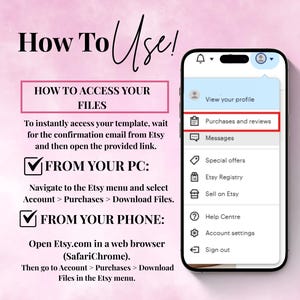 Visual tutorial for downloading Etsy digital files using desktop or phone browser with highlighted menu option