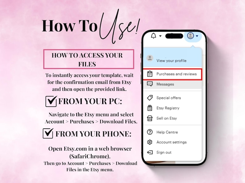 Visual tutorial for downloading Etsy digital files using desktop or phone browser with highlighted menu option