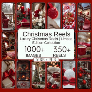 May include: A collection of Christmas-themed images within a red frame. The images showcase festive scenes with Christmas trees, fireplaces, and decorations. Text in the centre reads "Christmas Reels" and "Luxury Christmas Reels | Limited Edition Collection".