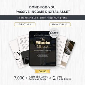 Puede incluir: Un paquete de productos digitales titulado Done-For-You Passive Income Digital Asset con una tableta central que muestra la portada The Millionaire Mindset, rodeada de páginas de documentos, etiquetas PLR y MRR y un bono de 7.000+ reels.