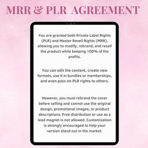 Licensing agreement showing details about private label rights and resell rights for digital pink reels bundle
