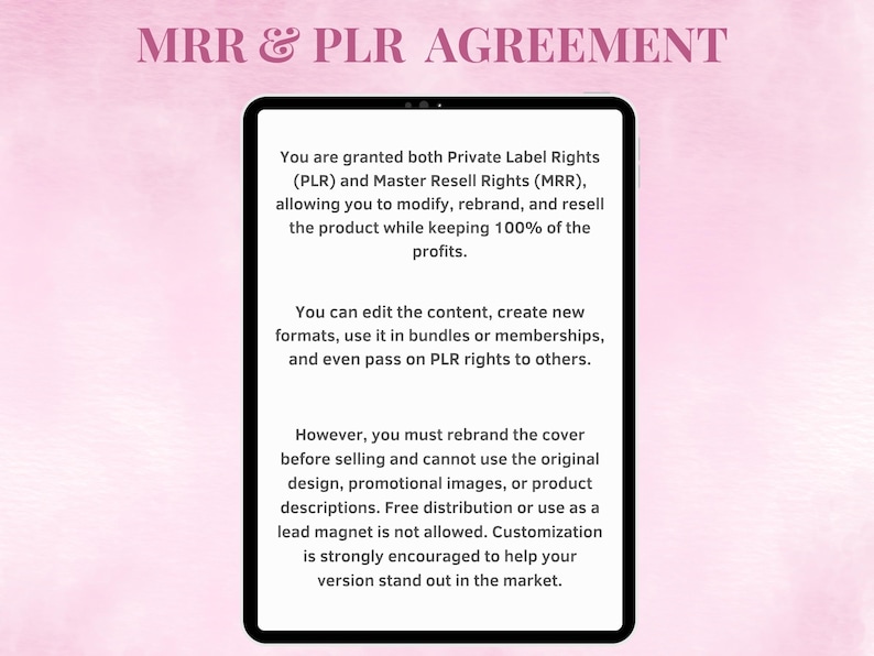 Licensing agreement showing details about private label rights and resell rights for digital pink reels bundle