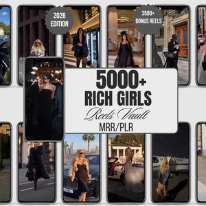 Pode incluir: Uma coleção digital de 5000+ Rich Girls Reels Vault MRR/PLR edição 2026 com 3500+ bonus reels. O display mostra vários ecrãs de smartphone exibindo diversos videoclipes focados em moda com pessoas em diferentes trajes.