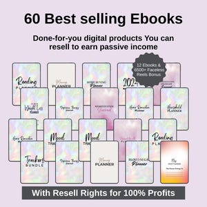 Pode incluir: Imagem mostrando 60 e-books mais vendidos, incluindo planejadores e diários, com direitos de revenda para 100% de lucro. Os e-books são exibidos em um fundo lilás claro, com texto sobreposto.