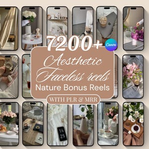 Könnte beinhalten: Eine digitale Sammlung von 7200+ ästhetischen gesichtslosen Reels und Natur-Bonus-Reels mit PLR und MRR, dargestellt als Raster von Smartphone-Bildschirmen, die verschiedene Lifestyle-Szenen mit Blumen, Kaffee und Inneneinrichtung auf beigem Grund zeigen.