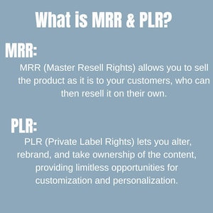 May include: A light blue graphic with white text explaining "What is MRR & PLR?" The text defines MRR (Master Resell Rights) and PLR (Private Label Rights), detailing their uses for selling and customizing products.