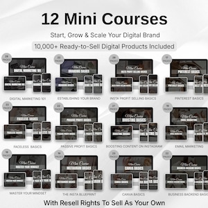 Digital Marketing Course Bundle, 12 Mini Courses with PLR & MRR, Canva Templates