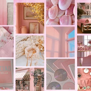 May include: A collage of pink-themed imagery featuring a surfboard, seashells, a vintage car, a vanity with makeup, a framed Ciao Bella print, floral patterns, a gold chain in a bowl, CDs, and a wall display of small circular bags.