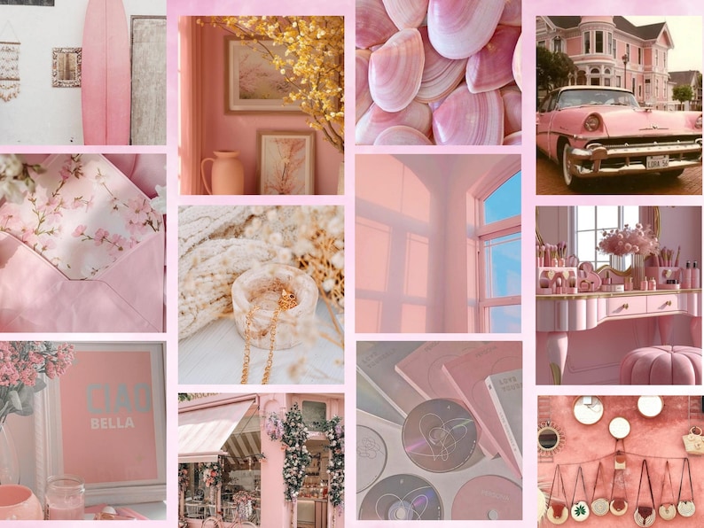 May include: A collage of pink-themed imagery featuring a surfboard, seashells, a vintage car, a vanity with makeup, a framed Ciao Bella print, floral patterns, a gold chain in a bowl, CDs, and a wall display of small circular bags.