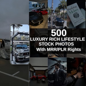 May include: A collage of images showcasing a luxury lifestyle. The images include a private jet, luxury cars, a book titled "Psychology of Money", and other elements. Text overlay reads "500 LUXURY RICH LIFESTYLE STOCK PHOTOS With MRR/PLR Rights".