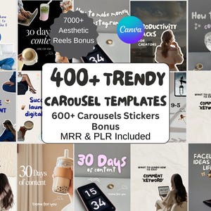 Puede incluir: Un collage de gráficos de marketing en redes sociales. La imagen central promociona más de 400 plantillas de carrusel de moda con más de 600 pegatinas de carrusel. Otros gráficos incluyen texto como "30 días de contenido".
