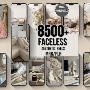 Peut inclure: Publicité pour des reels esthétiques, affichée sur plusieurs écrans de smartphones. Le texte indique "8500+ Faceless Aesthetic Reels MRR/PLR". Les écrans présentent des scènes de style de vie, dont une personne en rose et des bureaux à domicile.