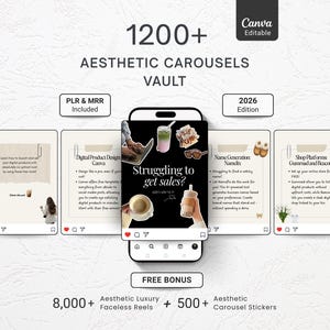 Può includere: Un pacchetto di prodotti digitali con oltre 1200 caroselli estetici per Canva, edizione 2026, con PLR e MRR inclusi. L'immagine mostra un'interfaccia smartphone con modelli di carosello per social media, testo e un bonus di 8000+ reel.