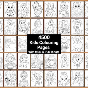 Puede incluir: Una colección de 4500 páginas para colorear para niños, cada una con un personaje o escena de dibujos animados diferente. Las páginas son en blanco y negro, listas para colorear, e incluyen imágenes de animales, personas y objetos.