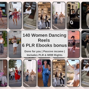 Op de afbeelding: Een advertentie voor een digitaal product met een raster van smartphoneschermen met dansende vrouwen. De centrale tekst luidt "140 Women Dancing Reels, 6 PLR Ebooks bonus". De tekst vermeldt ook passief inkomen en PLR & MRR-rechten.
