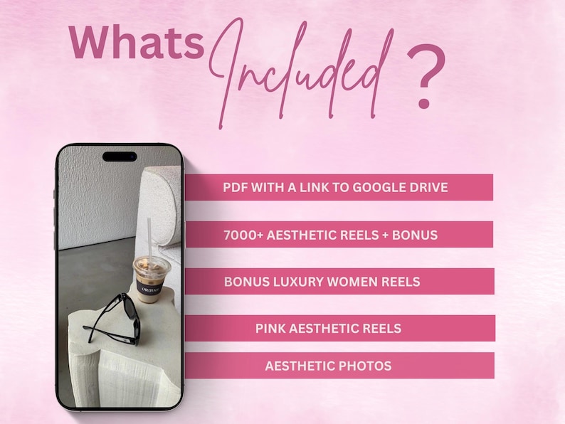 List of included items such as PDF download link pink reels bundle and bonus luxury faceless content