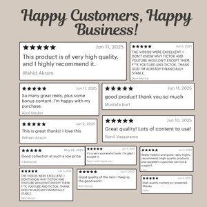 5-star customer reviews for viral faceless aesthetic reels bundle with master resell rights. Testimonials on high-quality content for Instagram, TikTok, and Pinterest.