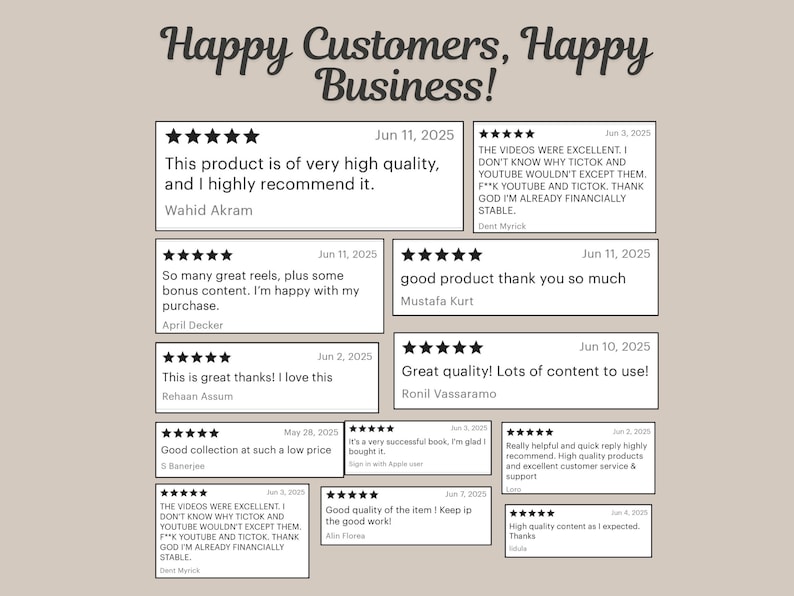5-star customer reviews for viral faceless aesthetic reels bundle with master resell rights. Testimonials on high-quality content for Instagram, TikTok, and Pinterest.
