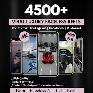 以下が含まれることがあります： TikTok、Instagram、Facebook、Pinterest向けの「Viral Luxury Faceless Reels」のプロモーション画像。ヨット、ヘリコプター、スポーツカーなど、高級コンテンツを表示するスマートフォンが描かれています。テキストには「4500+」、「4K」、「MRR PLR」が含まれています。