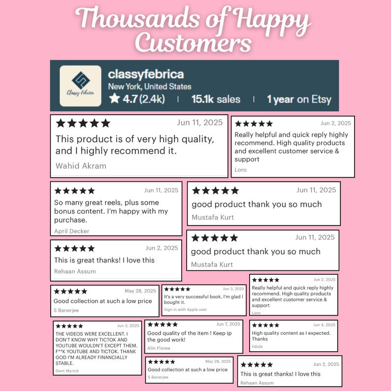 May include: A digital graphic on a pink background titled Thousands of Happy Customers, displaying the Etsy shop classyfebrica with a 4.7 star rating, 2.4k reviews, and 15.1k sales. Below are multiple five-star customer reviews with text.