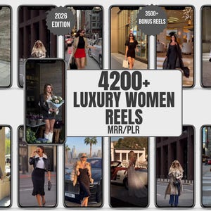 May include: A digital collection of 4200+ luxury reels displayed on multiple smartphone screens. The graphic includes the text 2026 EDITION, 3500+ BONUS REELS, and 4200+ LUXURY WOMEN REELS MRR/PLR, showcasing various fashion-focused video content previews.