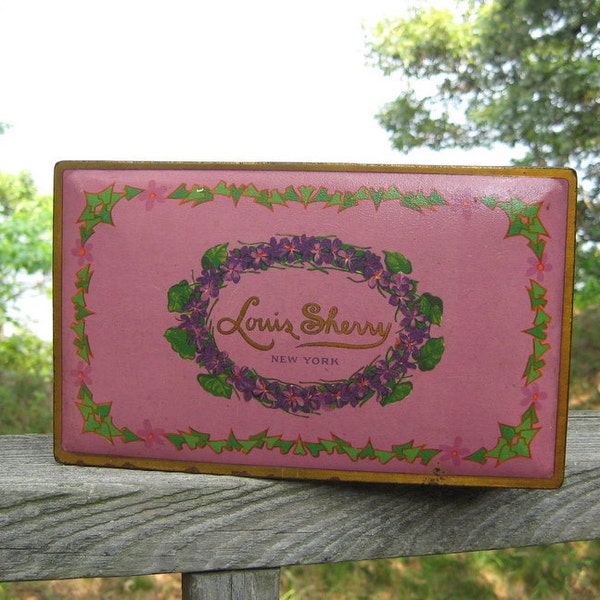 Vintage Shabby Tin Violets Advertising Louis Sherry New York Candies Lavender Collectible Cottage Style