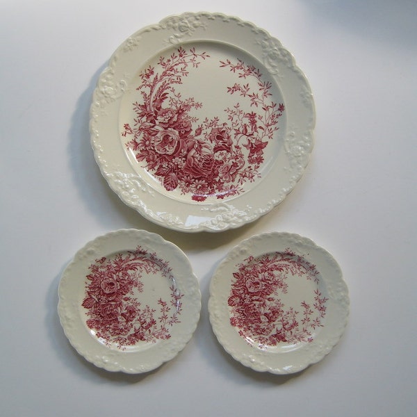 Vintage Plates Red Transferware Taylor Smith Taylor East Liverpool OH Roses Vines Cottage Chic Collectible Instant Collection
