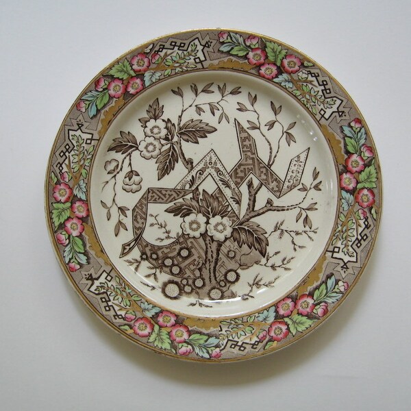 Antique Brown Aesthetic Transferware Polychrome Plate Wedgwood Beatrice Staffordshire 1880 England Collectible Cabinet Display