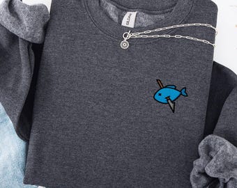 Embroidered Fish Crewneck, Unisex Fishing Sweatshirt