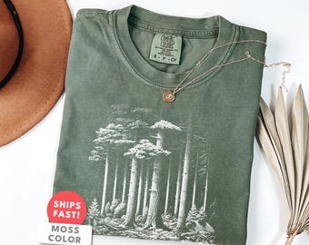 Estetyczna koszulka z motywem lasu sekwoi | Grafika z wysokimi sosnami | Koszulka Comfort Colors Nature | Prezent dla miłośnika drzew