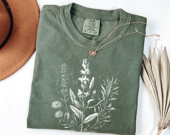 Camiseta botánica floral / Camiseta con estampado vintage de jardín de flores silvestres / Regalo para amantes de la naturaleza de Comfort Colors / Camiseta con estampado de plantas estilo cottagecore