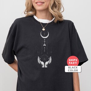 Crescent Moon Shirt | Hands Moon Graphic Tee | Comfort Colors Celestial Gift | Mystic Moon Spiritual Aesthetic Top for Her image 4
