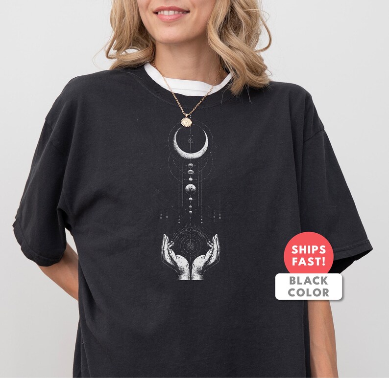 Crescent Moon Shirt | Hands Moon Graphic Tee | Comfort Colors Celestial Gift | Mystic Moon Spiritual Aesthetic Top for Her image 4