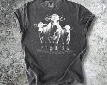 Cow Graphic Tee | Vintage Farm Cow Portrait Shirt | Comfort Colors Animal Gift | Retro Garment Dyed Farmhouse Top